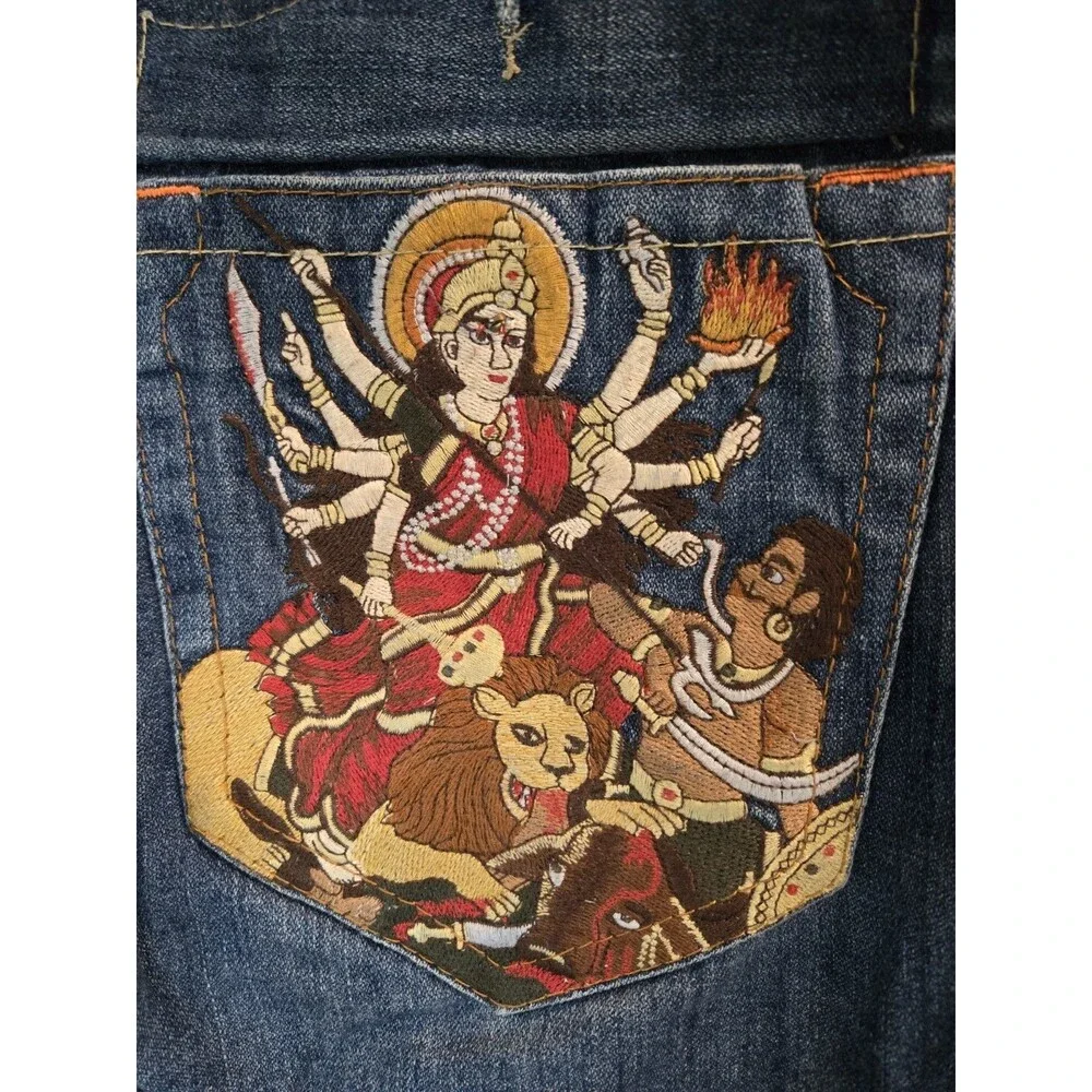 True Religion Rare Embroidered Shiva Hindu God Billy Vintage Wide Jeans 36x32